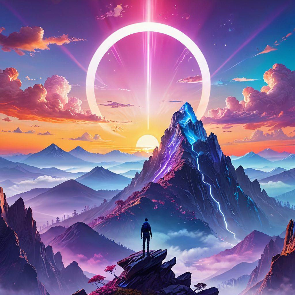 A serene digital landscape showing a person standing on a mountain peak, gazing at a glowing sunrise symbolizing new beginnings. Surround the figure with icons of wellness and self-improvement like books, meditation symbols, and digital devices floating in the air. Use bright, uplifting colors to evoke a sense of hope and empowerment. Incorporate a futuristic style to reflect the digital age. vibrant colors. super-realistic.